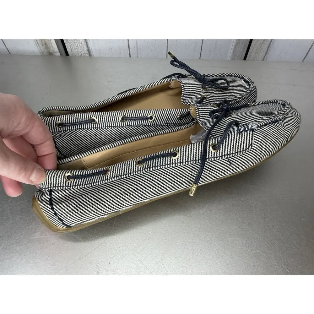 Talbots Boat Shoes Loafer Navy & White Striped Canvas & Leather Trim Sz 8.5